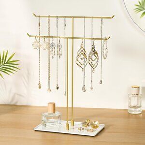 Gold minimalist necklace stand, 14.5-inch T-shape jewelry holder with 2 tiers, e